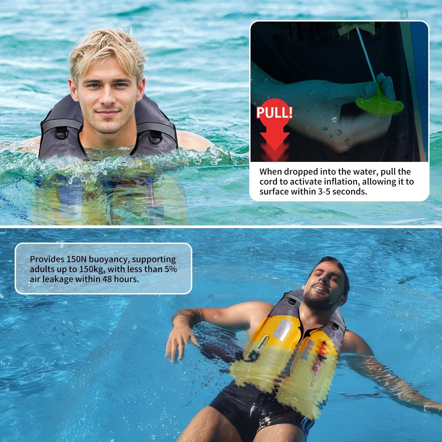 Owntop Inflatable Swim Jacket for Adults, D-Ring Attachment, Low Profile Manual Swim Vest, 24g CO2 Cylinder for Kayak, Fishing, Paddle Sports, Green (Pack of 2)
