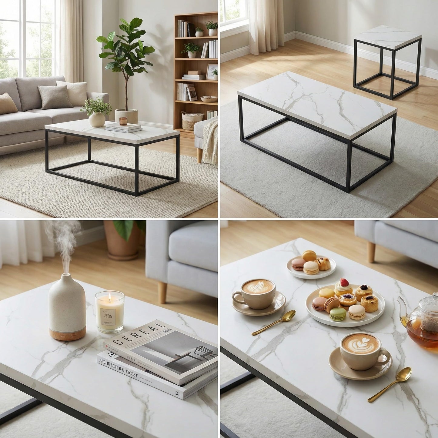 CENSI 40" White Marble Coffee Table for Living Room, Modern Rectangle Cocktail Table with Black Metal Legs, Industrial Faux Stone Center Table, Extra Thick Top, Sturdy & Easy Assembly