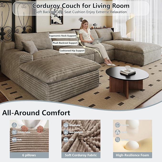 136" Cloud Sectional Couch U-Shaped Chaise with Ottoman, Corduroy Boneless Couch for Living Room Bedroom, Deep-Seat Upholstered Modular Cloud Sofa, No Assembly Required (Camel, Right Facing Chaise)