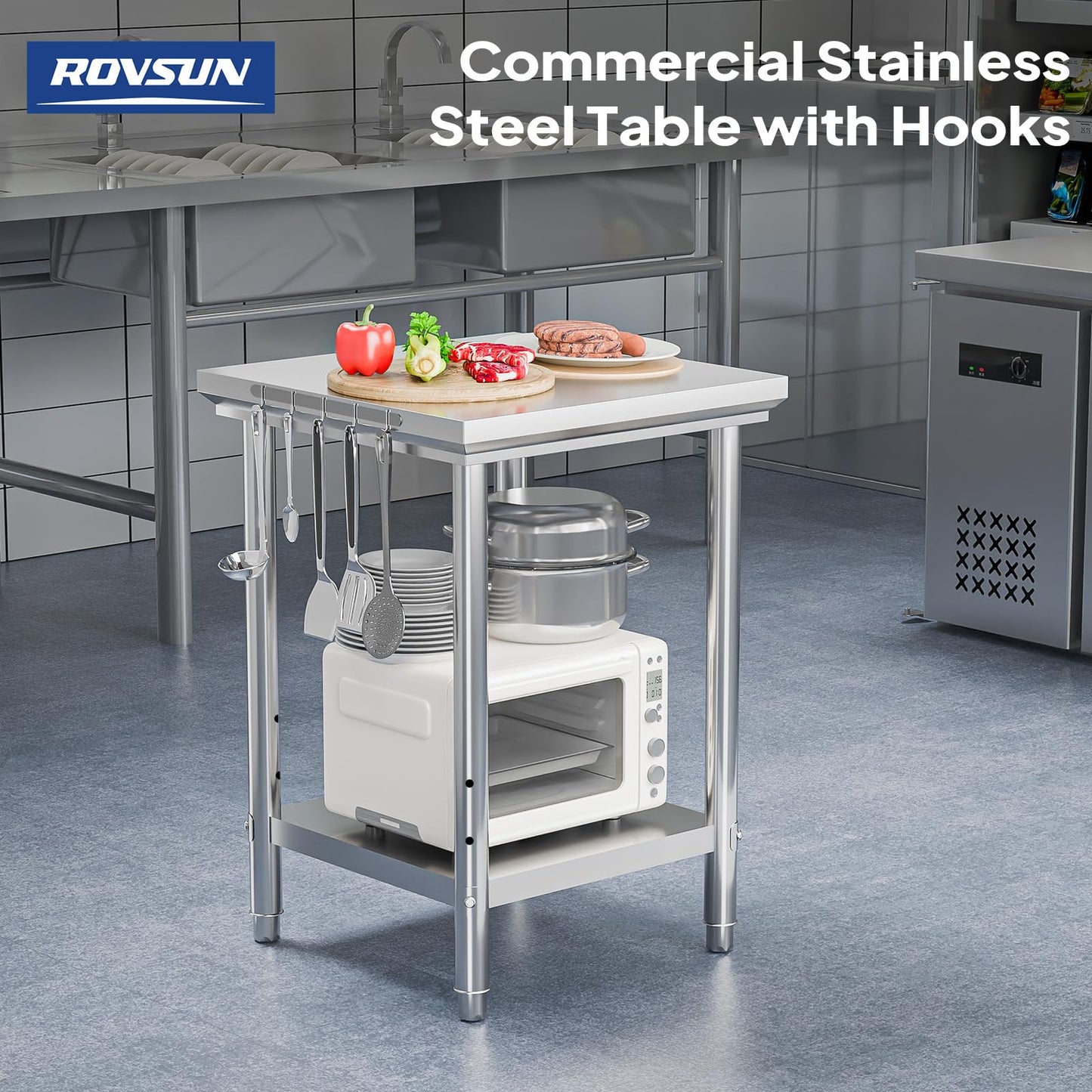 ROVSUN 24 X 24 Inch Stainless Steel Table,Commerical Prep Table for Work, Heavy Duty Metal Table with Hooks & Adjustable UnderShelf for Home Kitchen Restaurant Garage Warehouse Outdoor