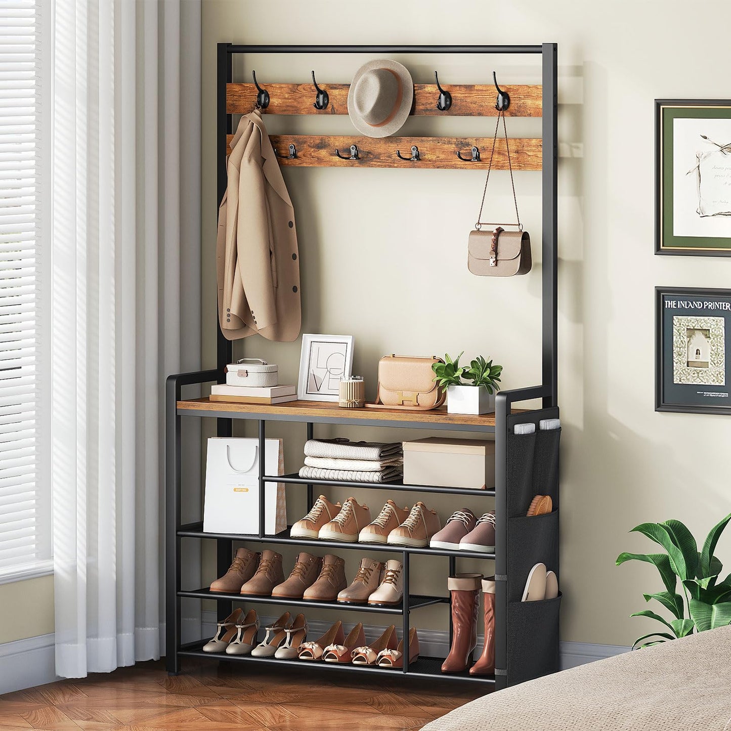HOOBRO Hall Tree with Bench, Shoe Rack with Coat Rack, 39.4" Coat Rack with Shoe Storage, 5 Tier Shoe Storage Organizer, Oxford Fabric Side Pockets, Coat and Shoe Rack Entryway, Rustic Brown BF46MT01