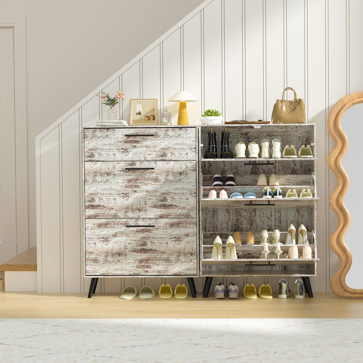 IdeaKey Narrow Shoe Storage Cabinet for Entryway with 2 Flip Drawers, 3 Tier Farmhouse Freestanding Shoe Cabinet Slim Wood Shoe Organizer Closed Shoe Rack for Hallway, Foyer, Rustic White