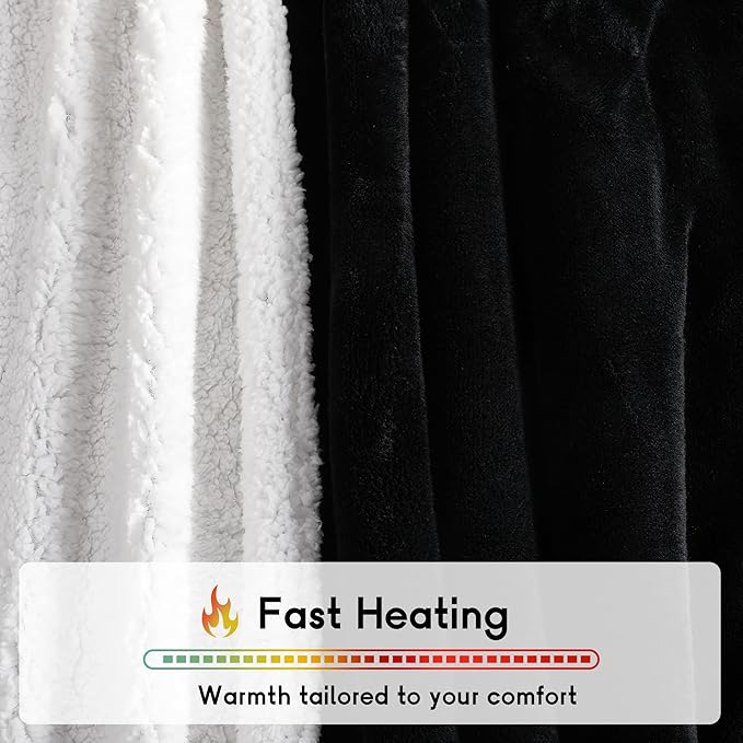 Heated Blanket Electric Throw Size 50''x60'' with 5 Heating Levels, 3 Hour Auto Shut Off, Machine Washable, Flannel & Sherpa Double-Sided Soft Warming Blanket for Couch, Bed, Office - Black