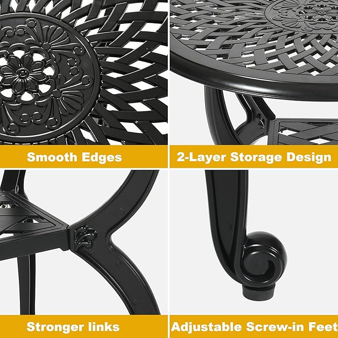 WILOUNGE Cast Aluminum Outdoor Side Table,Small Patio Table,Outdoor Coffee Tables for Patio,Garden,Balcony, for All Weather (Black, Round)