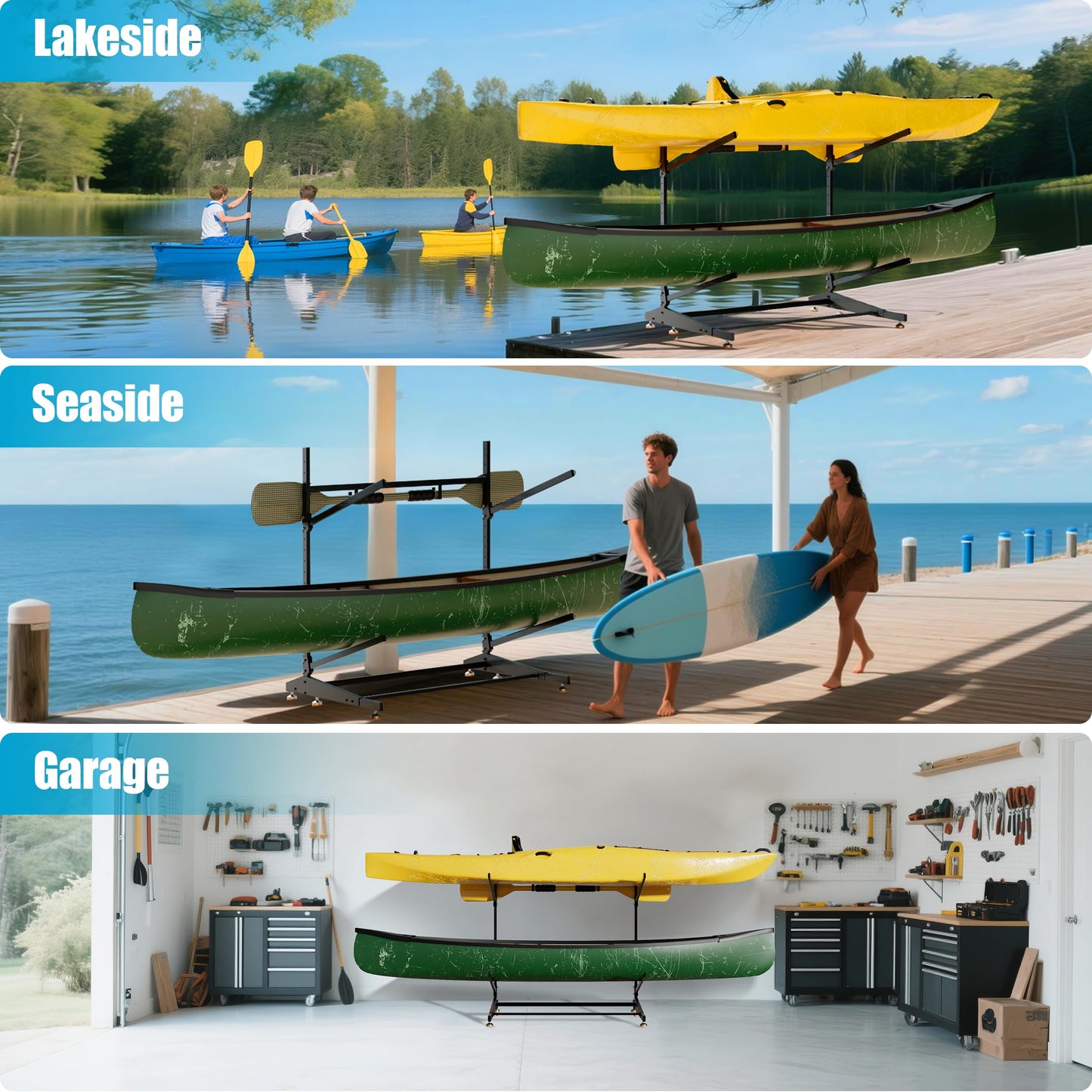 AlloyLake Kayak Rack Pro - Thickened & Reinforced Kayak Storage Rack - Freestanding Kayak and Canoe Rack - Adjustable Kayak Hanger - Kayak Stand for Indoor & Outdoor(Black, 2-Tier for 2 Kayaks)