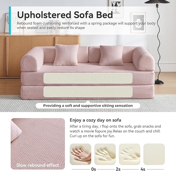 ZQRhome 79" 5-in-1 Convertible Sofa Bed, Luxe Sleeper with Reinforced Frame & Plush Support, No Assembly Corduroy Couch for Lounge, Bedroom & Dorm, Pink