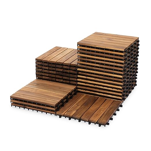 VICTORY RELAX Acacia Wood Decking Tiles 27PCS - Easy Snap Interlocking Deck Tiles for Patio Poolside Balcony Decor - All Weather Waterproof Flooring for Indoor & Outdoor (Round Joints)