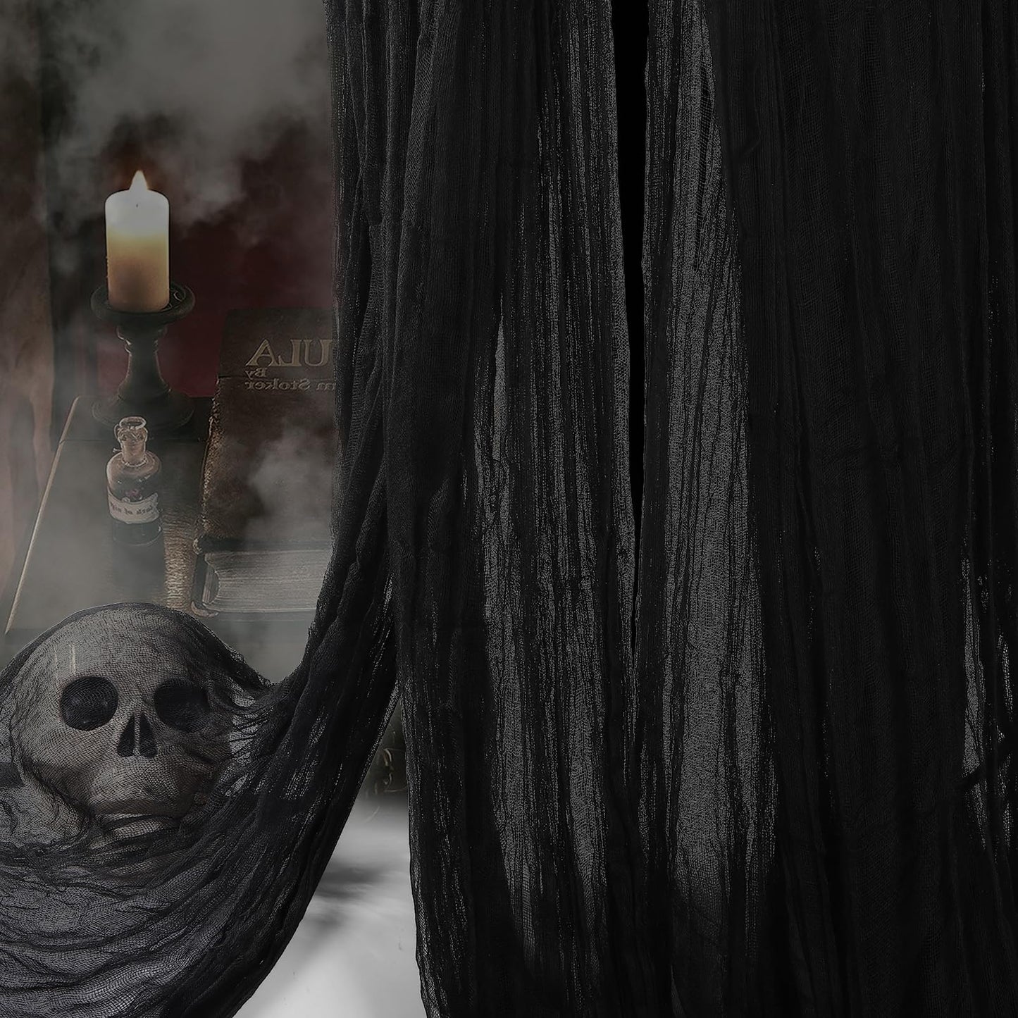 Vellibring 400" x 85" Halloween Creepy Cloth Decoration, Large Black Spooky Fabric Cloth Scary Gauze Cheesecloth for Haunted House Halloween Party Yard Wall Indoor Outdoor Decor