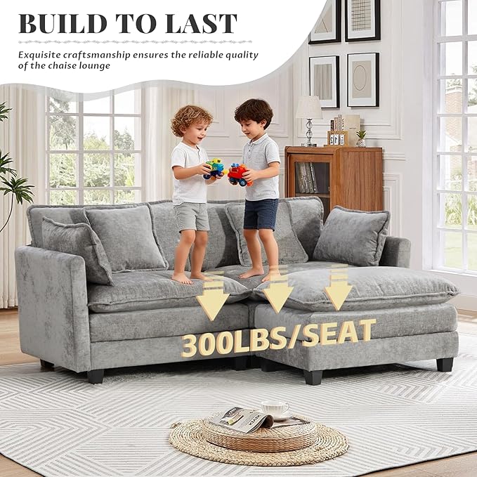 SoarFlash Chenille 77.95" Sectional Sofa, Comfy L Shaped Modular Coush Sofa with Ottoman, Modern 2 Seat Couch Deep Seat Sofa Set for Living Room,Grey