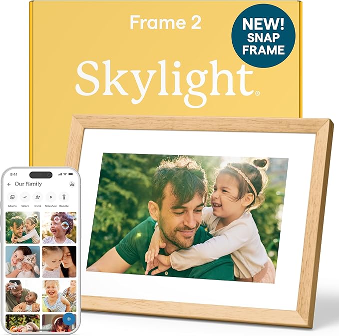 Skylight Digital Picture Frame 2 – 10" Full HD Wi-Fi Touch Screen, 16GB Digital Photo Frame, Load Photos & Videos Directly from Phone, Anti-Glare – Personalized Gifting, Rubber Wood Birch Brown