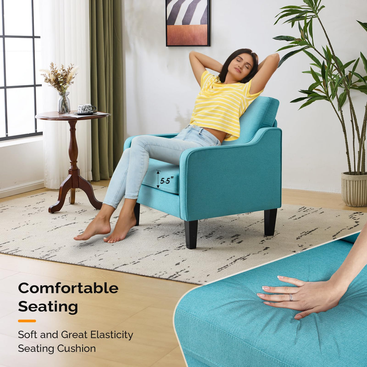 VINGLI Accent Chairs Set of 2 Living Room Chairs Teal Blue Reading Chair for Bedroom Scooped Arm Chair Mid Century Modern Accent Chairs Upholstered Comfy Chair for Apartment, Waiting Room