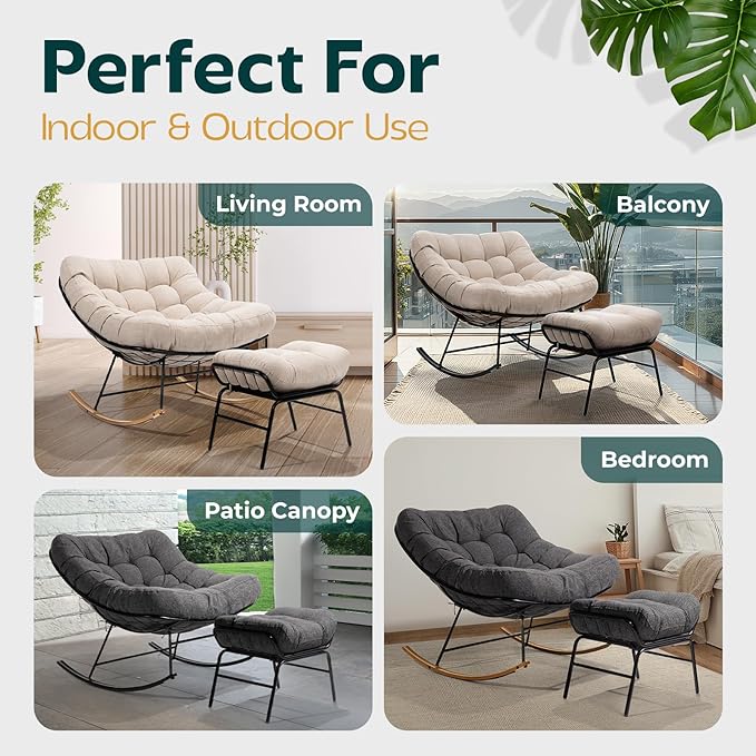 Bme Outdoor and Indoor Patio Rocking Chair with Ottoman, Wood Texture Rocker with Beige Cushion, 7'' Thick, 400lbs Capacity, Sturdy Construction, Ergonomic Design, Quick Assembly, Floor ensureor