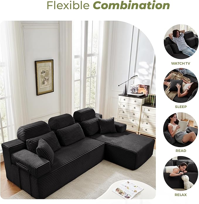 104" L-Shaped Cloud Modular Sectional Sofa with Chaise & Headrest, Boneless Deep Seat Plush Corduroy Couches for Large Living Room, No Assembly Required (Black, 104" L-shapred Chaise)