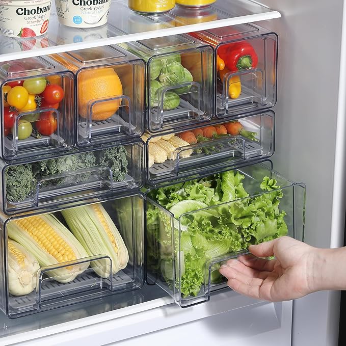 Plastic Clear Fridge Storage Organizer with Drawers & Drainer - Stackable Bins for Kitchen Fruit & Veggie Organization (Complete Set)