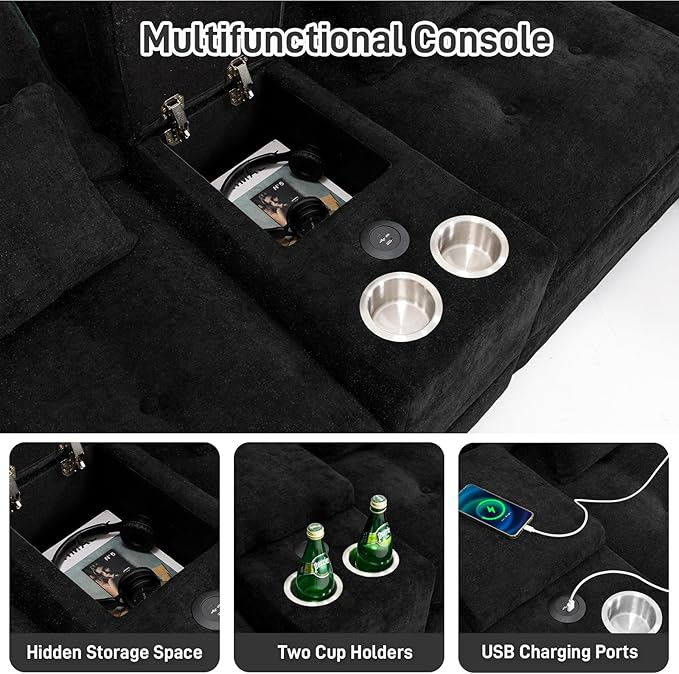 BEQAI 134"U Shaped Sectional Couches for Living Room, Oversized Modular Sectional Fluffy Couch with 2 Ottoman & Storage Console,Modern 6 Seat Living Room Sofa with Glitter Fabric,Tufted Buttons, Black