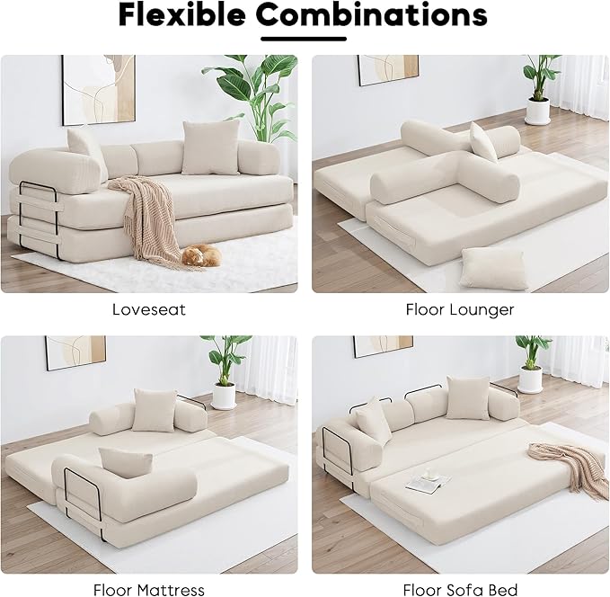 ZEIINPA Convertible Sleeper Sofa Bed with Cylindrical Pillow, Corduroy Folding Mattress Couch with Fixed-Shape Frame, Floor Sofa Lounge Couch for Living Room Bedroom Lounge Studio, Beige