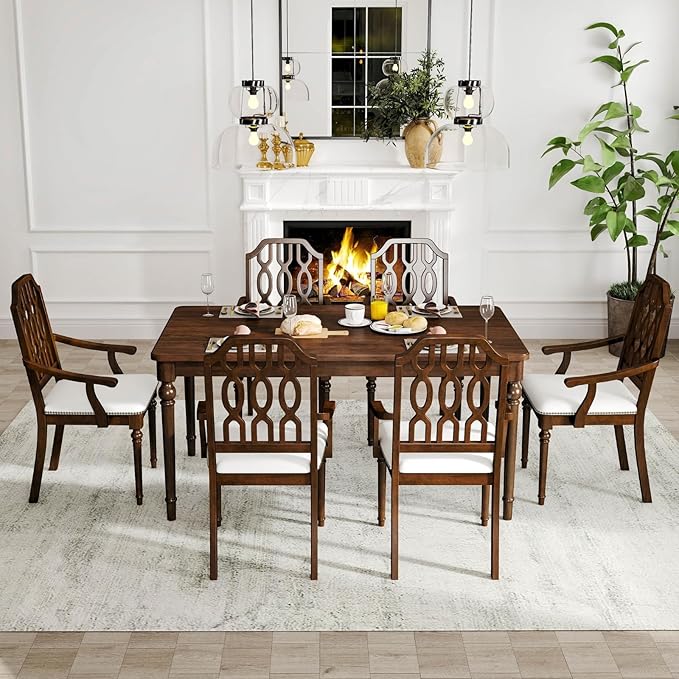 chairus Farmhouse Dining Chairs Set of 2, French Country Vintage Wooden Dining Room Chairs with Arm, Lattice Back & Turned Legs, Rustic Chenille Upholstered Nailhead Trim Kitchen Chairs, Walnut Brown