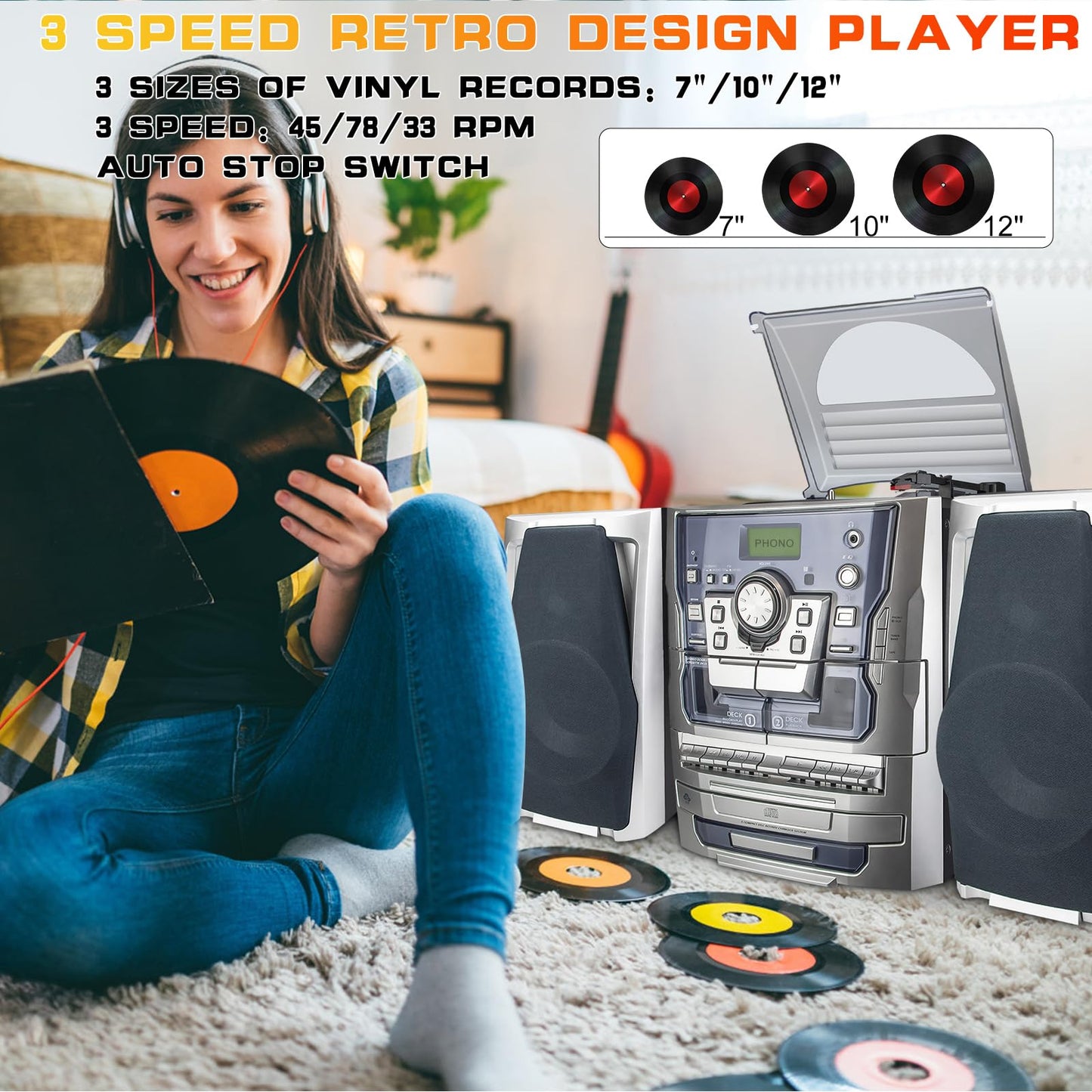 HONGUT Bluetooth Vinyl Record Player, 3-Speed Turntable & CD Music System, Dual Cassette Deck, Black, Model HF-638PBT-1