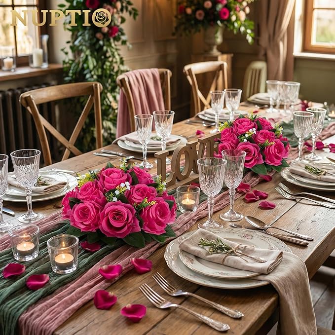 NUPTIO Flower Ball for Table Centerpieces: Hot Pink Artificial Rose Kissing Balls for Wedding Party Valentine Tables - 2 Pcs Faux Silk Floral Arrangements for Home Dining Event Decorations