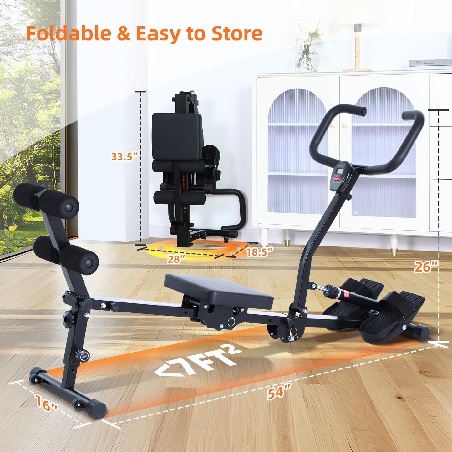 Sportneer Foldable Rowing Machine for Home, Hydraulic Rowing Machine with 12-Level Resistance - Multi Functional Row Machine Equipped with Caster & Backrest, Max 297lbs Weight Load