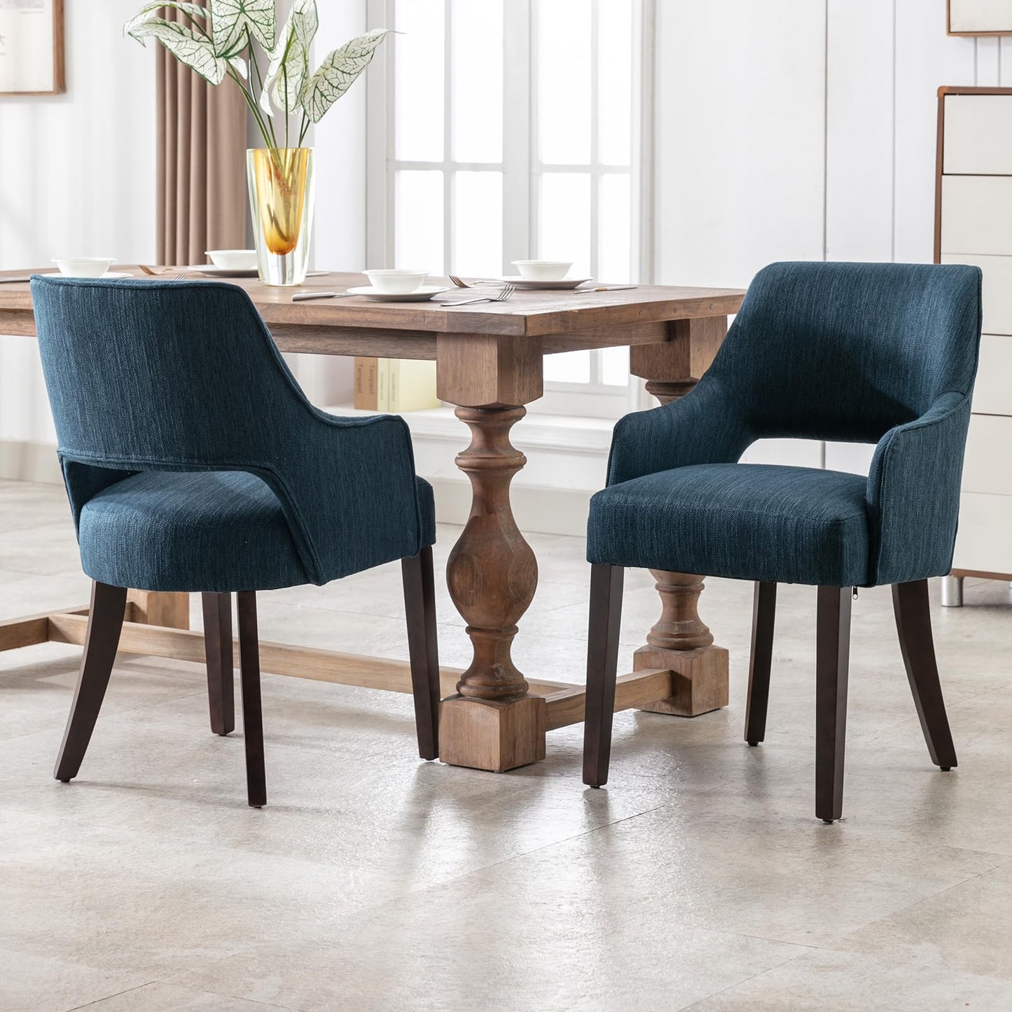 DM Furniture Farmhouse Dining Chairs Set of 2 Upholstered Linen Kitchen Chairs Accent Side Chair with Solid Wood Legs/Armrest for Living Room/Dining Room/Bedroom/Restaurant, Blue