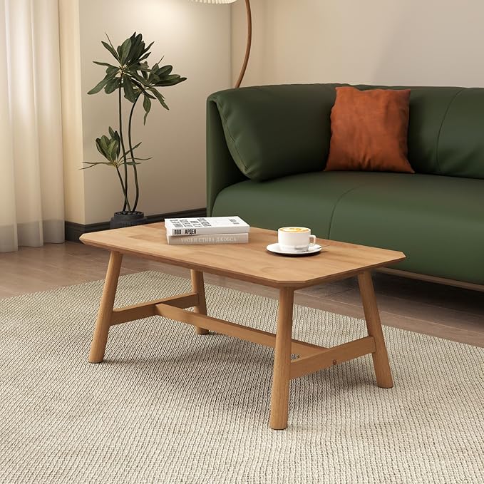 Ya-Home Farmhouse Coffee Table 35.5” Side Table Mid Century Wooden Table, Solid Wood Tea Table for Living Room Reception Room, Natural Finish