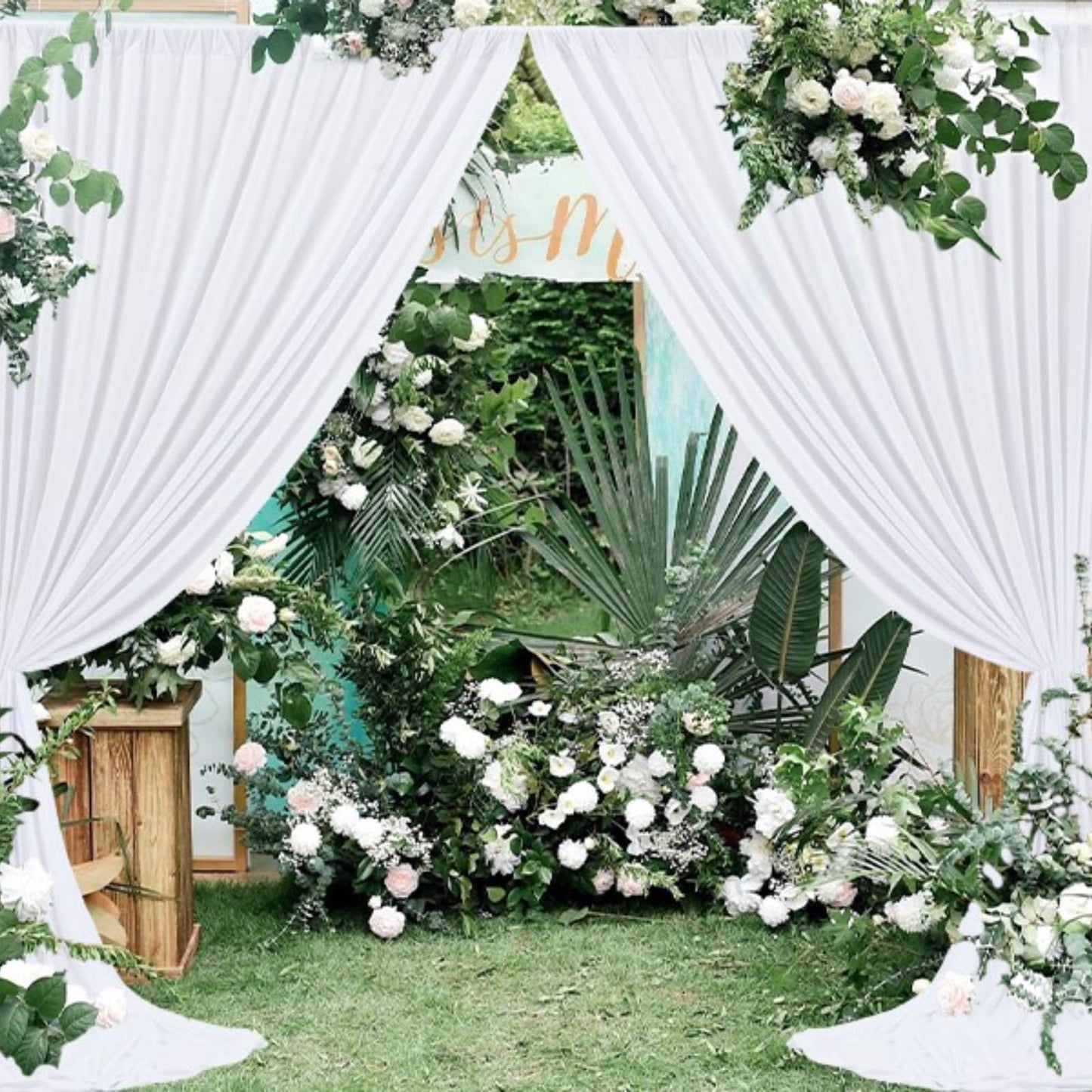 Joydeco White Curtains Backdrop for Wedding Parties, Photo Backdrop Curtains for Wedding Decorations Birthday, Wrinkle Free Polyester 5ft x 10ft Fabric Drape 2 Panels with Rod Pockets