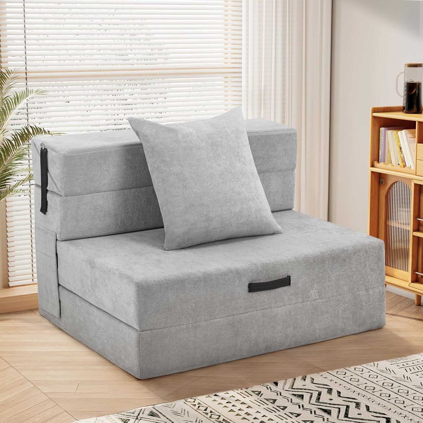 Aivermeil Folding Sofa Bed Couch Futon Sleeper Chair with Pillow, Convertible Futon Couch, Foldable Mattress, Washable Cover, for Living Room/Dorm/Guest Room, Single Size, Light Gray