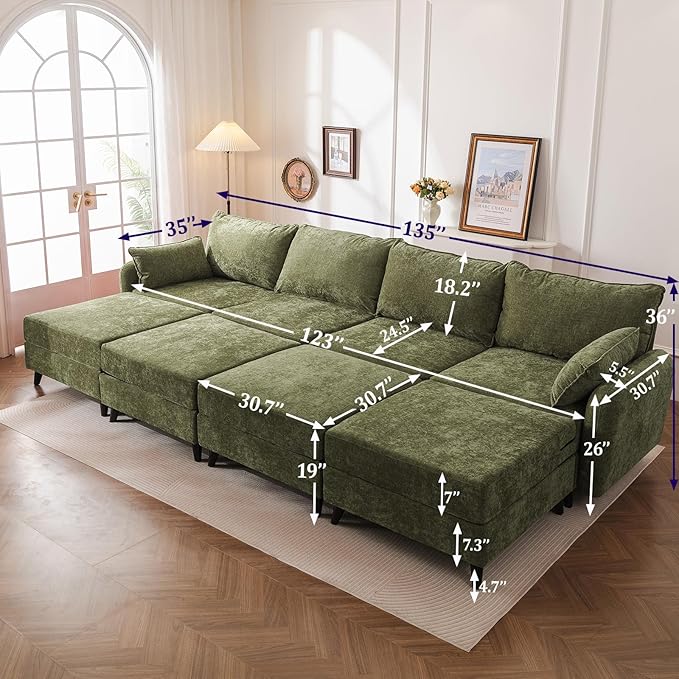 Rexulqo 135'' Modular Sectional Sofa with All Seats Storage, Oversized Sleeper Sofa Bed,4-Seater Comfy Cloud Couches with Movable Ottoman,Big Sectionals for Living Room,Bedroom,Velet,Green