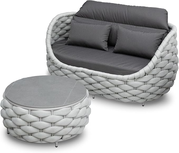 Erotr Patio Loveseat with Table: Aluminum Hand Woven Rope 2 Pieces Patio Furniture Set - Cushioned Outdoor Seating Set - Modern Couch Assembled - Metal Lounge Set for Porch Balcony Deck Garden Hotel