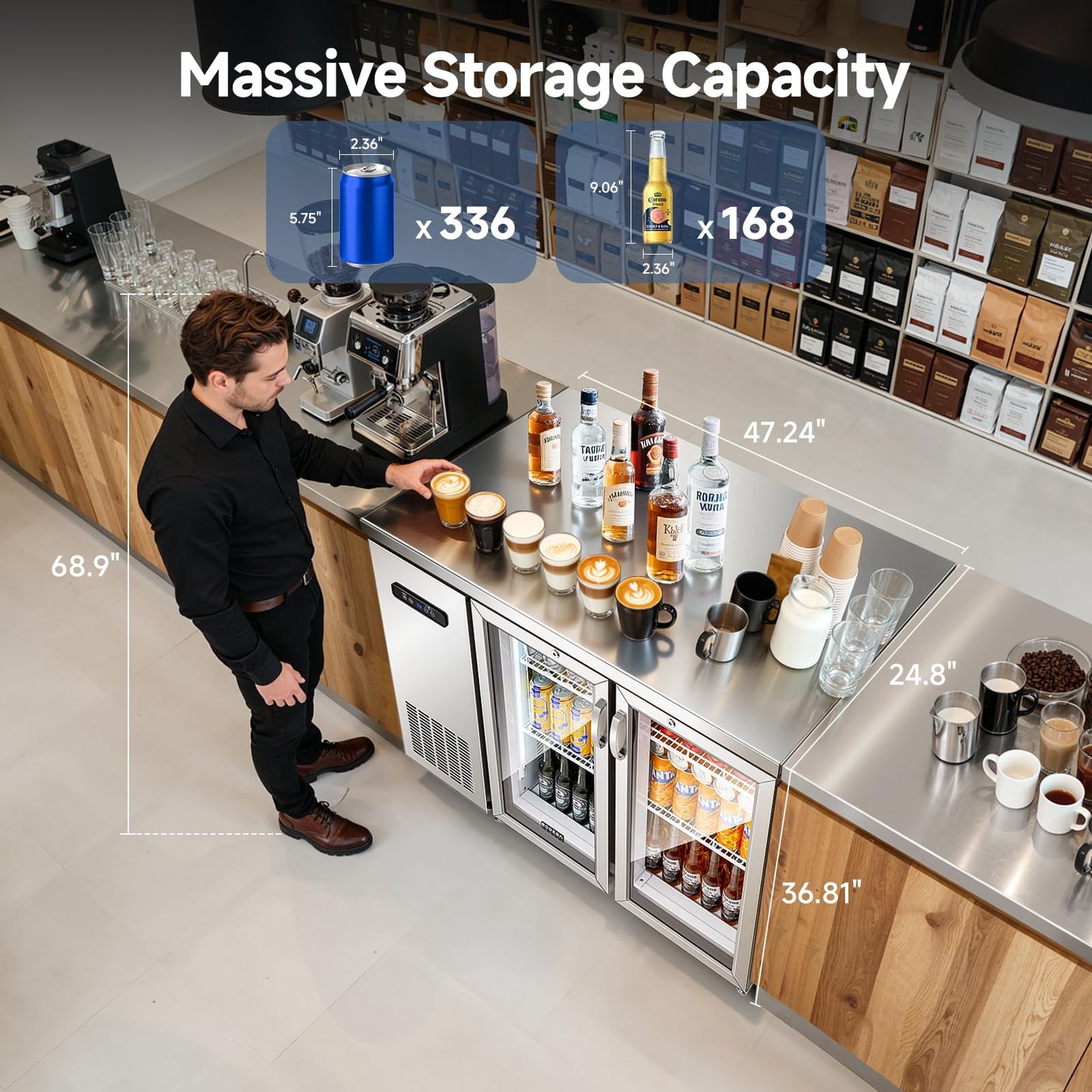 BODEGACOOLER Commercial Cooler with 2 Glass Doors, 12 Cu.Ft Stainless Steel Counter Height Back Bar Refrigerator, Beverage Display Fridge for Soda, LED Lighting, SUS304