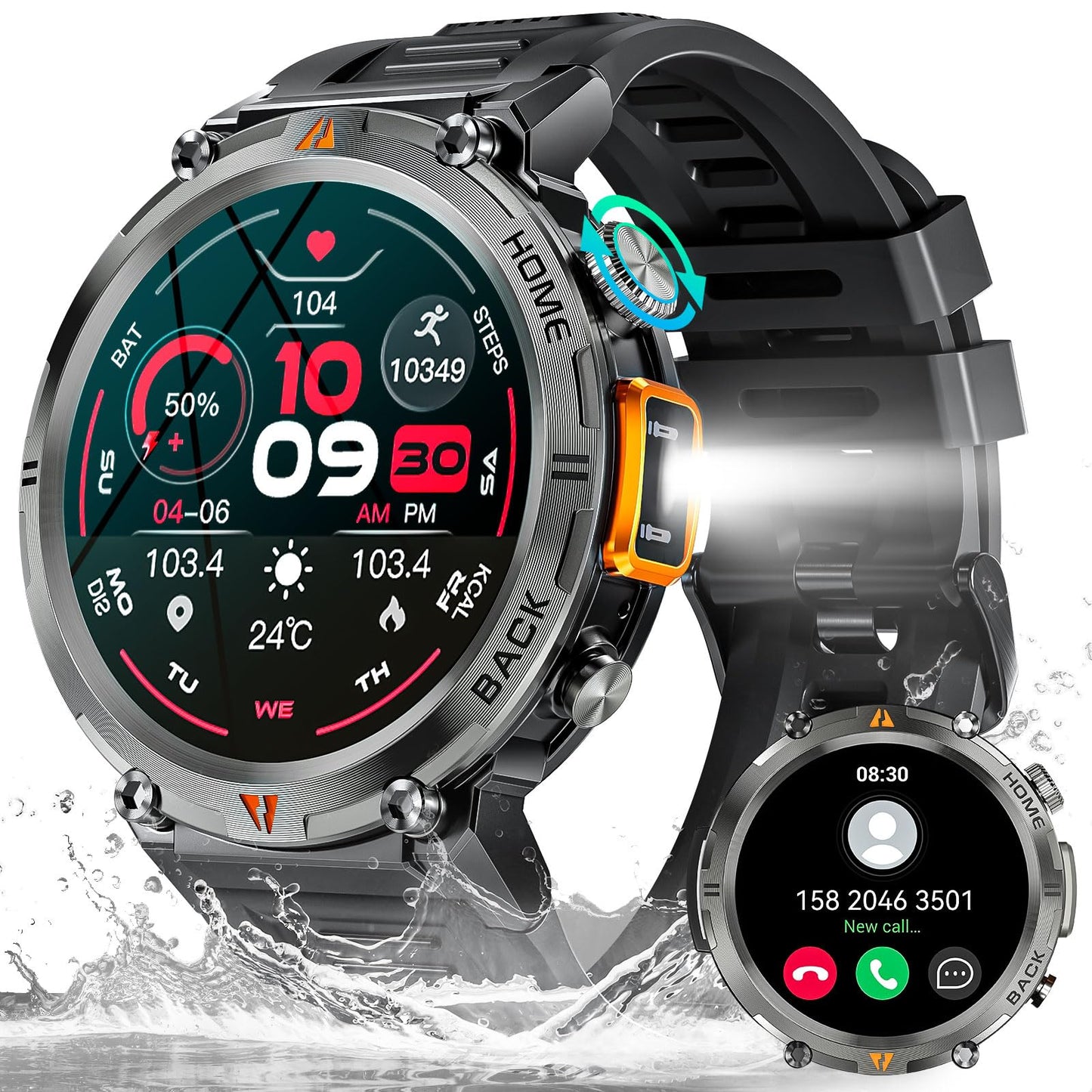 Military Smart Watch For Men With Led Flashlight 3Atm Waterproof Tactical Smart Watch With 100+ Sport Modes 1.45    Fitness Trac
