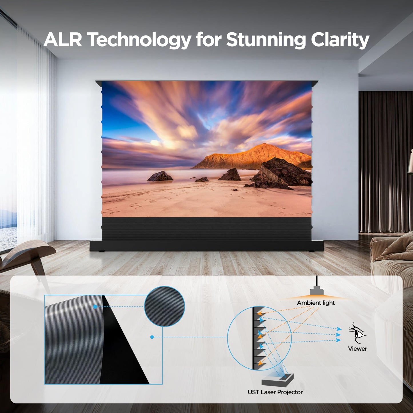 NothingProjector Motorized ALR Screen for Ultra Short Throw Projector, 95% Ambient Light Rejecting, 120 inch, Floor Rising, 4K/8K UHD, Active 3D, Anti Daylight, Electric Retractable Automatic NothPJ