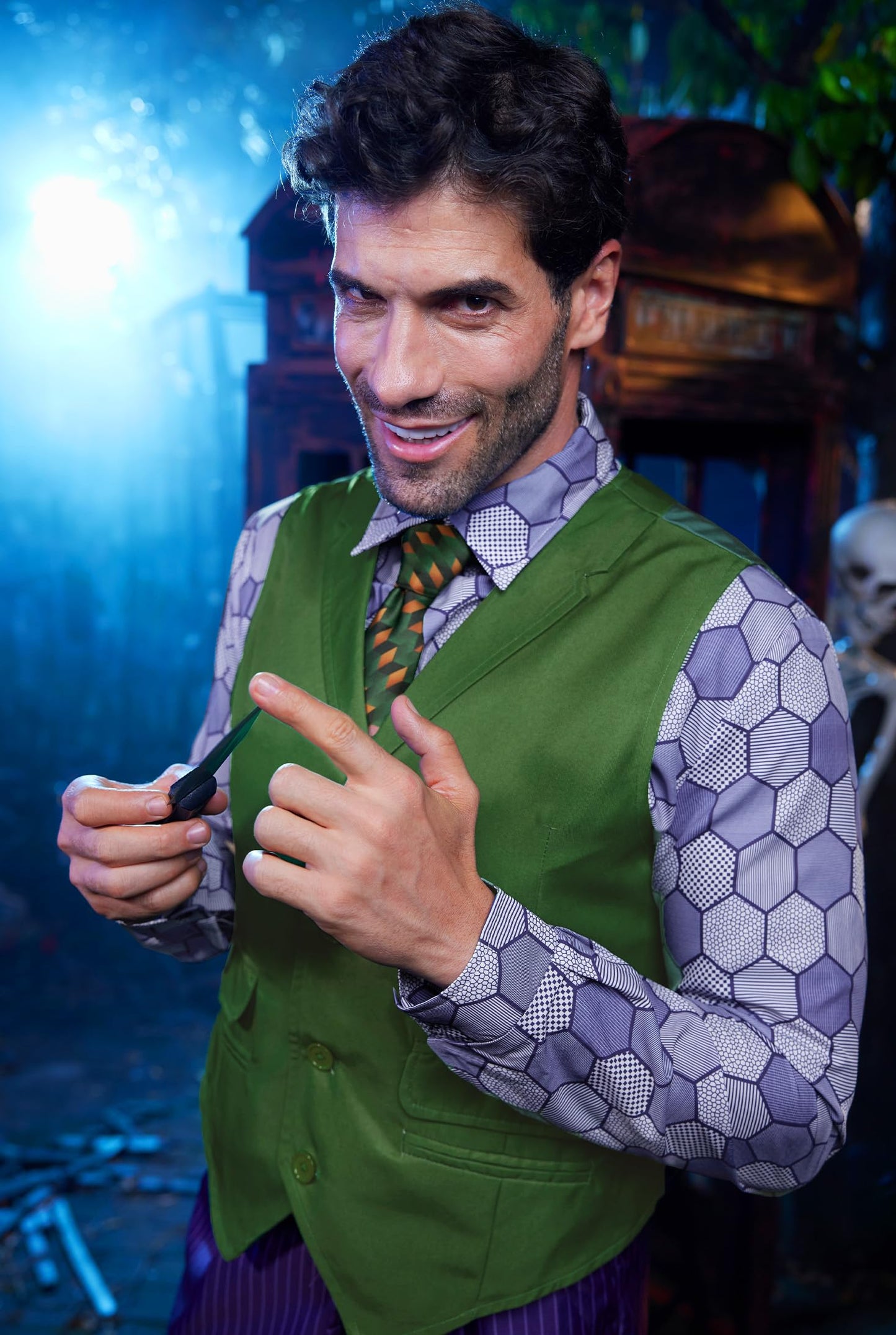Mainfini Man Joker Costumes Halloween Theme Party Funny Classic Dark Horror Knight Movie Cosplay Regular Fit Novelty Purper Graphic Shirt Green Vest Tie Suit Outfit Adult 3 Piece Set XL
