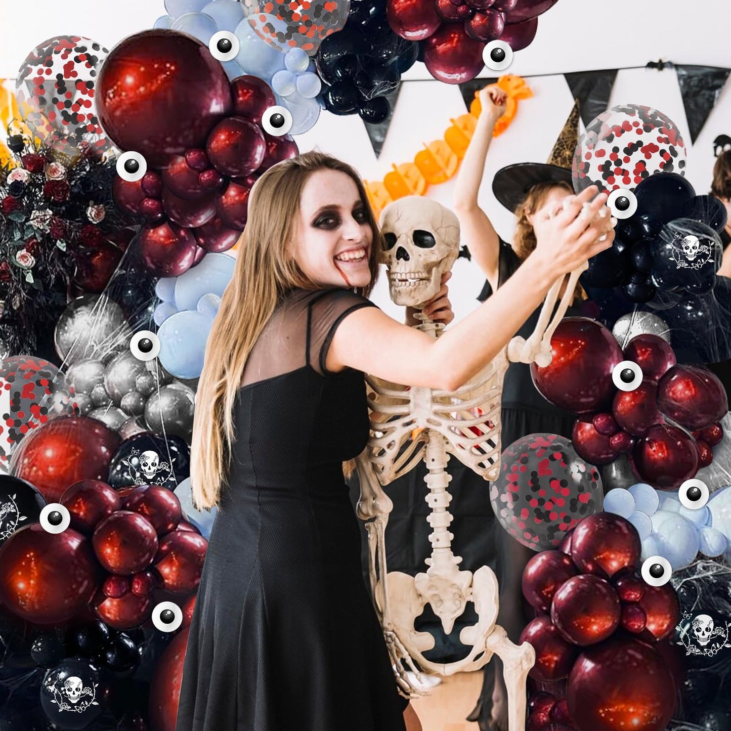 Halloween Balloon Garland Arch Kit, JZCZOEB 133Pcs Double Stuffed Red Black Blue Chrome Silver Balloons for Rose Skull Gothic Spooky Horror Theme Birthday Baby Shower Halloween Party Decorations
