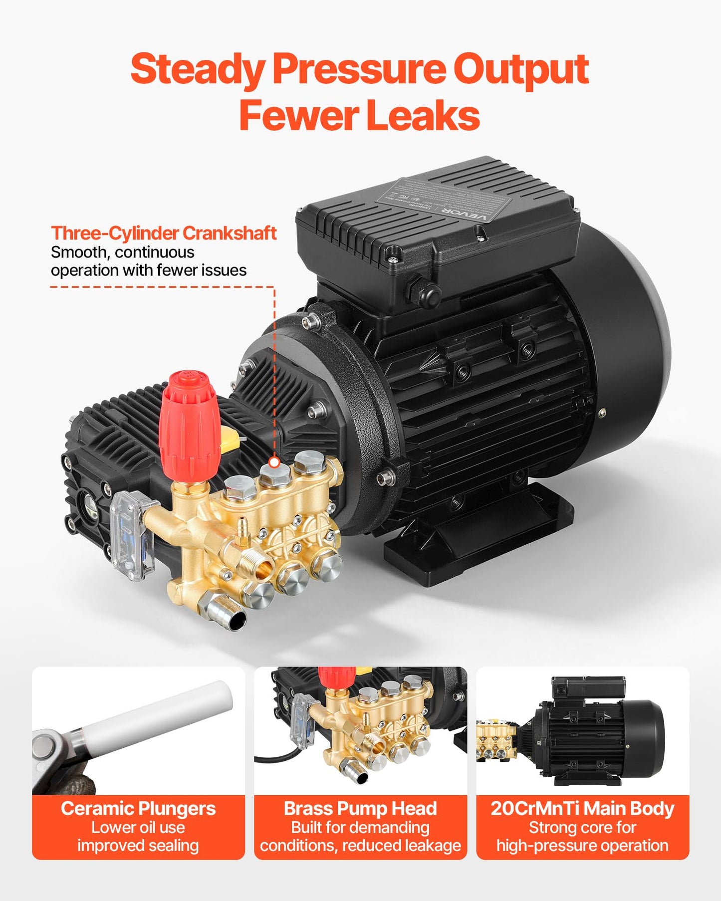 VEVOR Electric Pressure Washer Pump Kit, 1950 PSI, 3.2 GPM, Triplex Power Washer Pump with 5 HP Motor 240 V, Adjustable Water Pressure, for Washing Cars, Gardens, Exterior Walls, Machinery Equipment