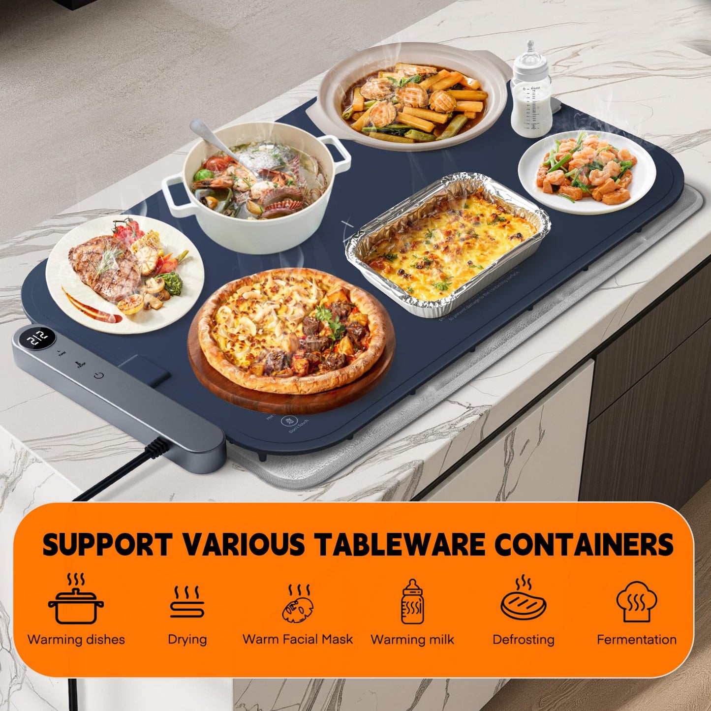 Homelove Warming Mat for Food - Electric Warming Tray with 6-Level Temperature and Hours Setting, Full Surface Graphene Heating, Waterproof Dishwasher-Friendly Food Warmer for Parties, Kitchen (Blue)