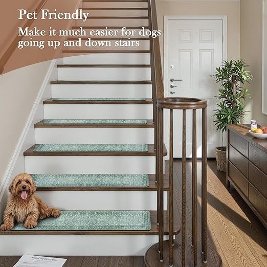 Vintage Stair Treads Non Slip Stair Runners for Wooden Steps Indoor, 15PCS 8"x30" Rubber Backing Carpet Treads for Wood Stairs Staircase Step Treads for Kids & Dogs, Stair Covers, Green