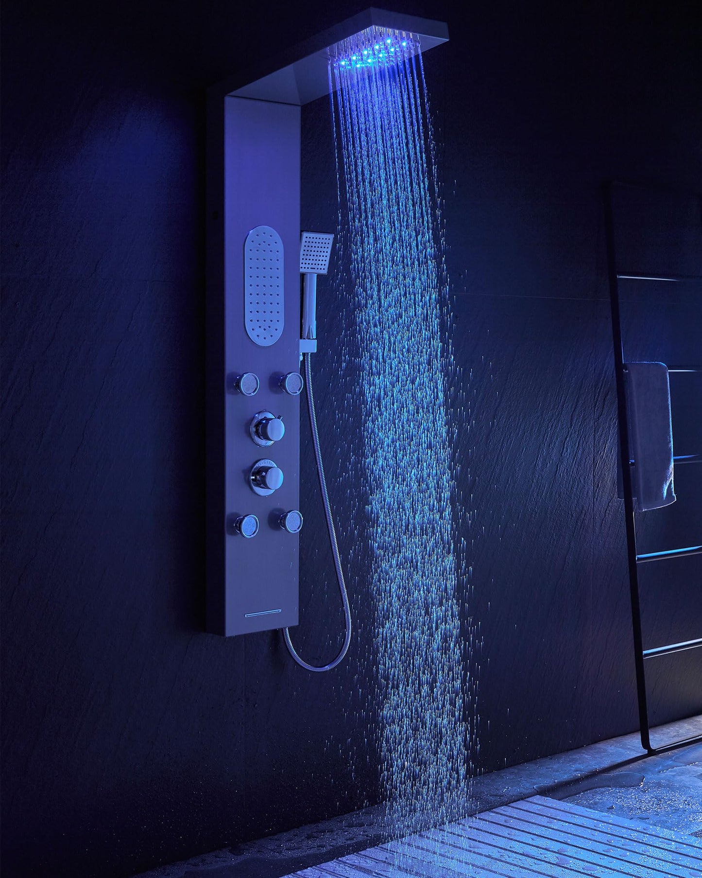 MENATT Luxury Shower Tower System with LED Shower Head, 5 Functions Shower Panel Tower System with 4 pcs Body Massage Jets,Body Waterfall Spray, Handheld Shower and Tub Spout, Brushed Finish
