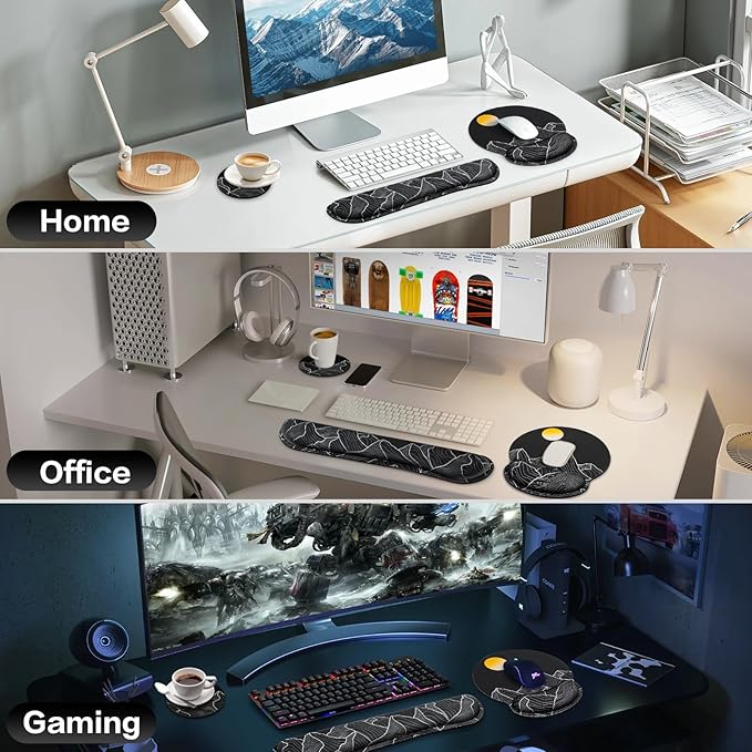 Mouse Pad Black, Ergonomic Keyboard Wrist Rest, Mouse Pad with Wrist Rest Black, Gaming Mousepad with Wrist Support, Memory Foam Wrist Rest Set for Computer Keyboard, Office Desk Accessories