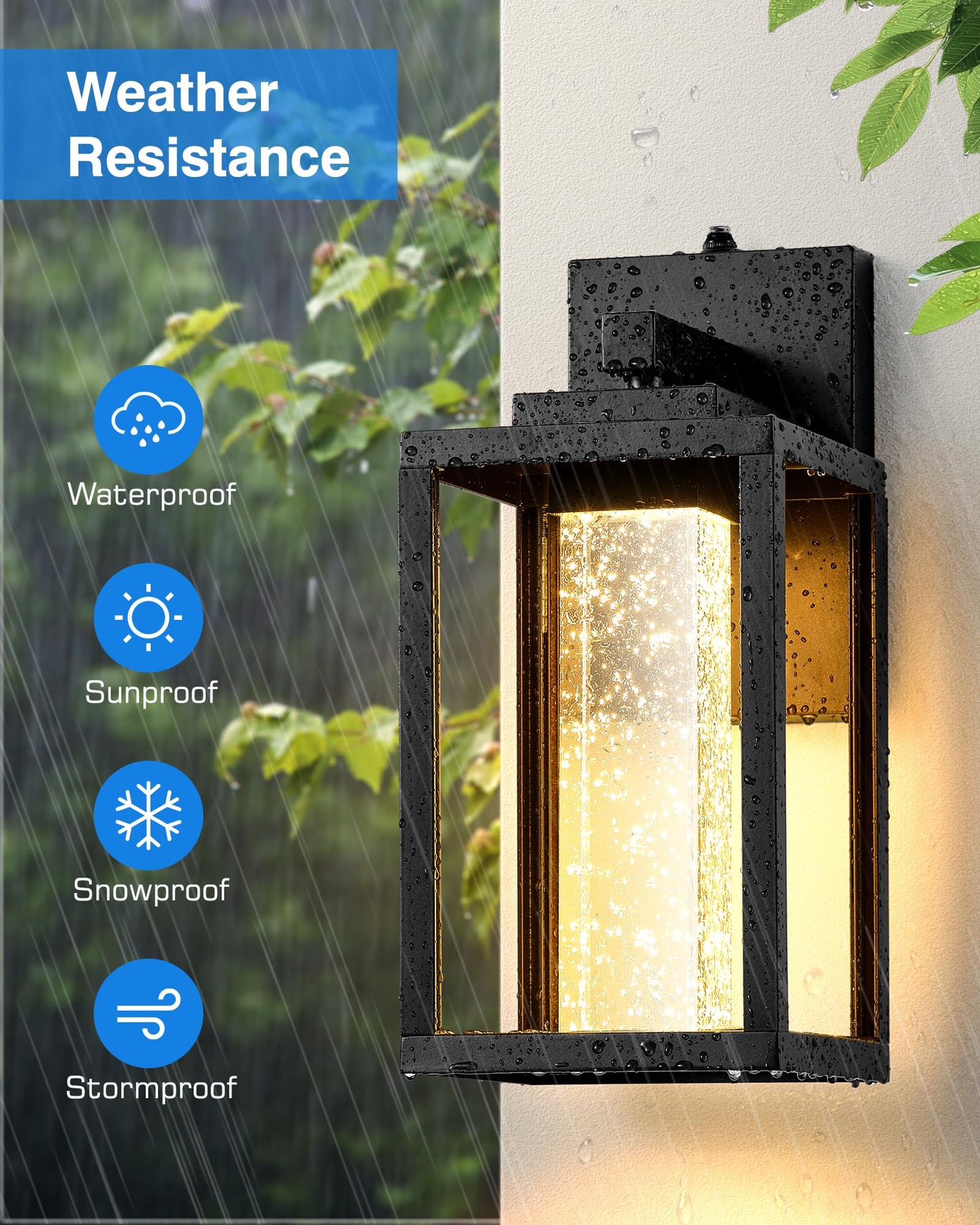 VIANIS Black Exterior Lighting Fixtures Wall Mount for House, 2 Pack Dusk to Dawn Outdoor Porch Light with Integrated 10W LED Light Source Crystal Bubble Glass, Anti-Rust Exterior Wall Sconce Lantern