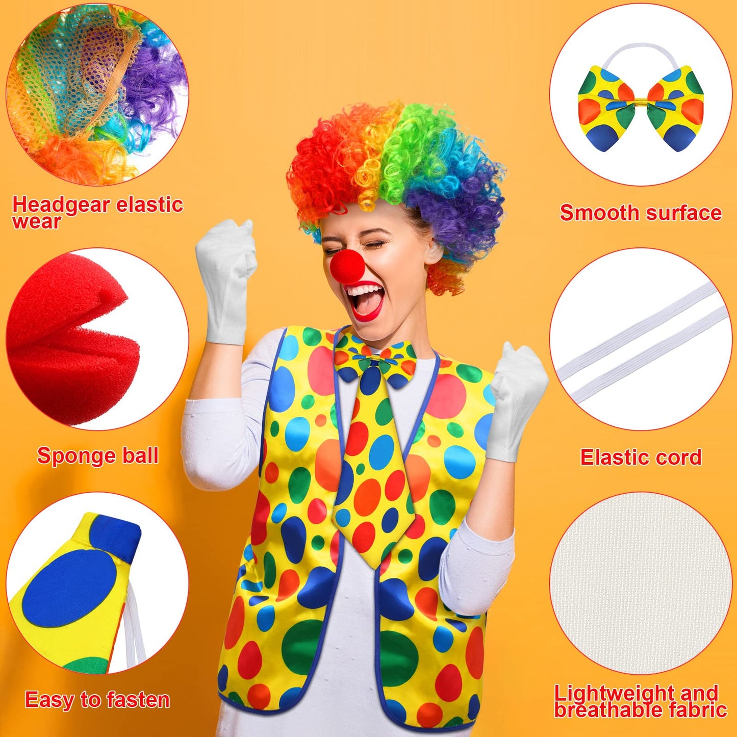 Funtery 12 Pcs Clown Costume Set - Clown Nose, Vest, Wig, Bow, Tie, White Gloves for Circus Cosplay Party