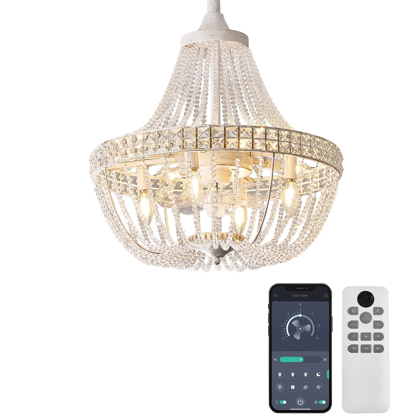 LVYEAYOU 20“ Modern Crystal Chandelier Ceiling Fan with Lights, Remote & App Control, 6 Speed, 8-Lights French Empire Fandelier, for Bedroom, Dining Room (Retro White)