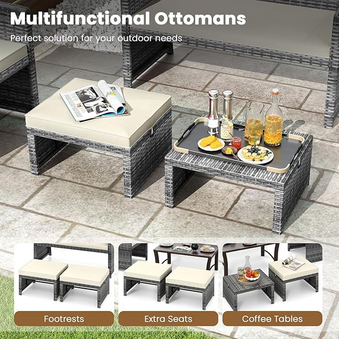 Tangkula 6 Pieces Patio Furniture Set, Outdoor Rattan Conversation Chairs Set with 1 Loveseat, 1 Coffee Table, 2 Armchairs and 2 Ottomans for Garden, Deck, Backyard and Poolside (Off White)