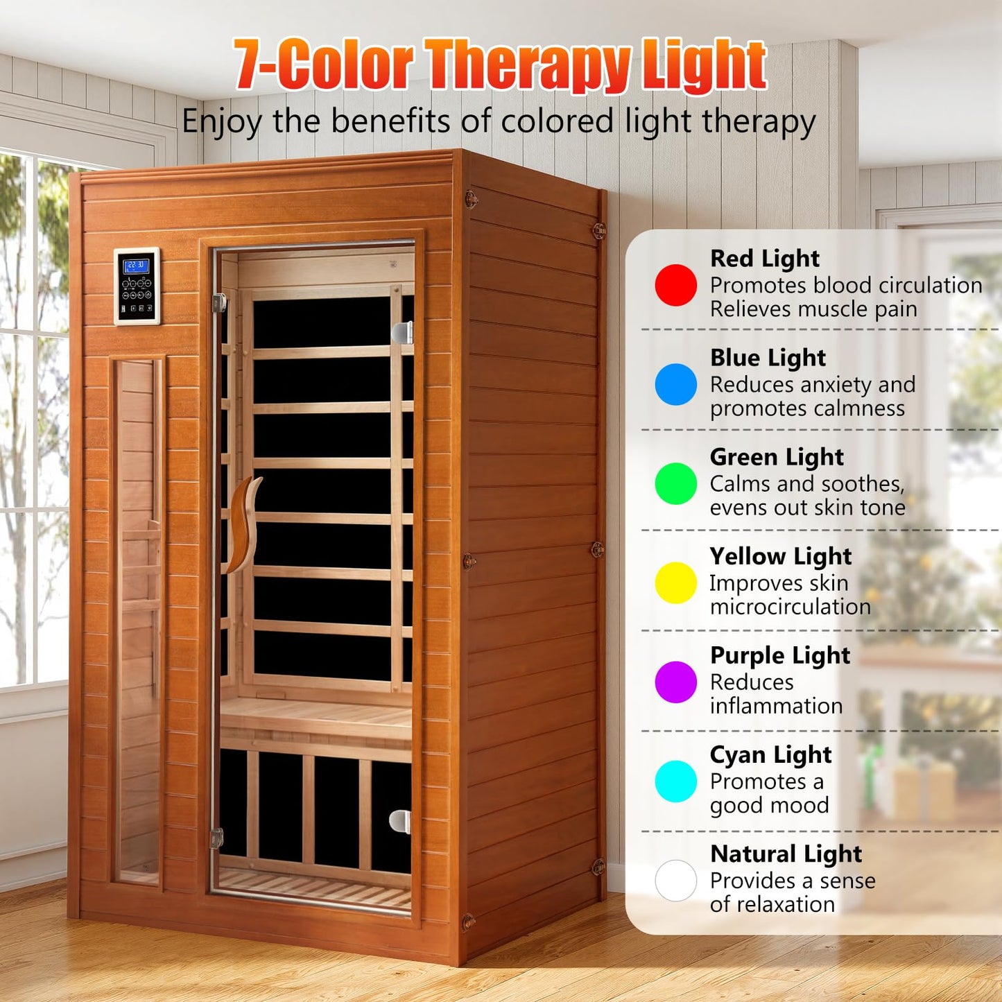 X-Vcak 1-2 Person Infrared Sauna, Dry Heat Sauna with Red Light Therapy, Bluetooth, Radio, 7-Color Therapy Light for Home, Indoor, Gym, Wellness Center, 36″ x 36″ x 73″, Brown