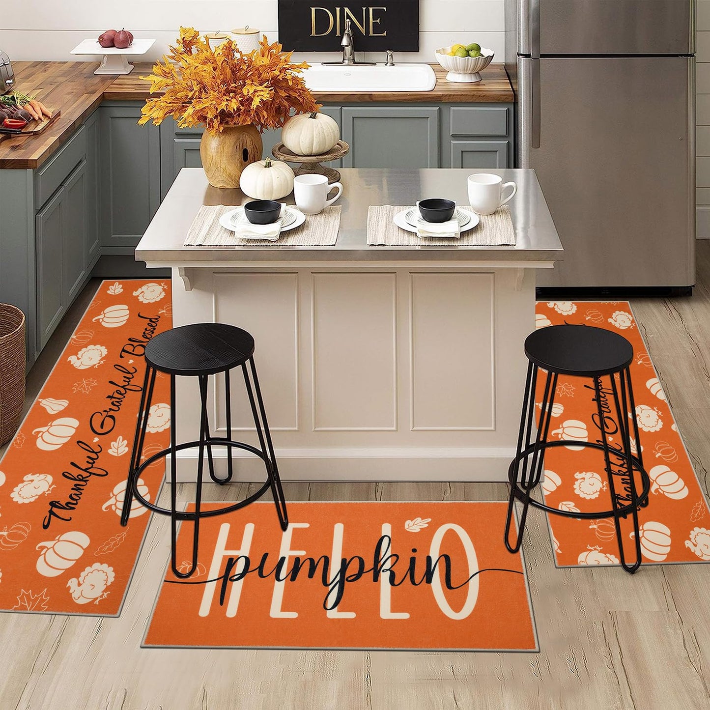 Ileading Fall Kitchen Rugs Set of 3, Washable Kitchen Mats for Floor, Non Slip Thanksgiving Kitchen Rugs and Mats Decor, Autumn Harvest Hello Pumpkin Floor Carpet for Kitchen Hallway Laundry Room