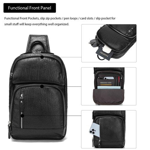 LANNSYNE Full Grain Leather Sling Bag For Men, Crossbody Bag fits 12.9" iPad Crossbody Chest Daypack