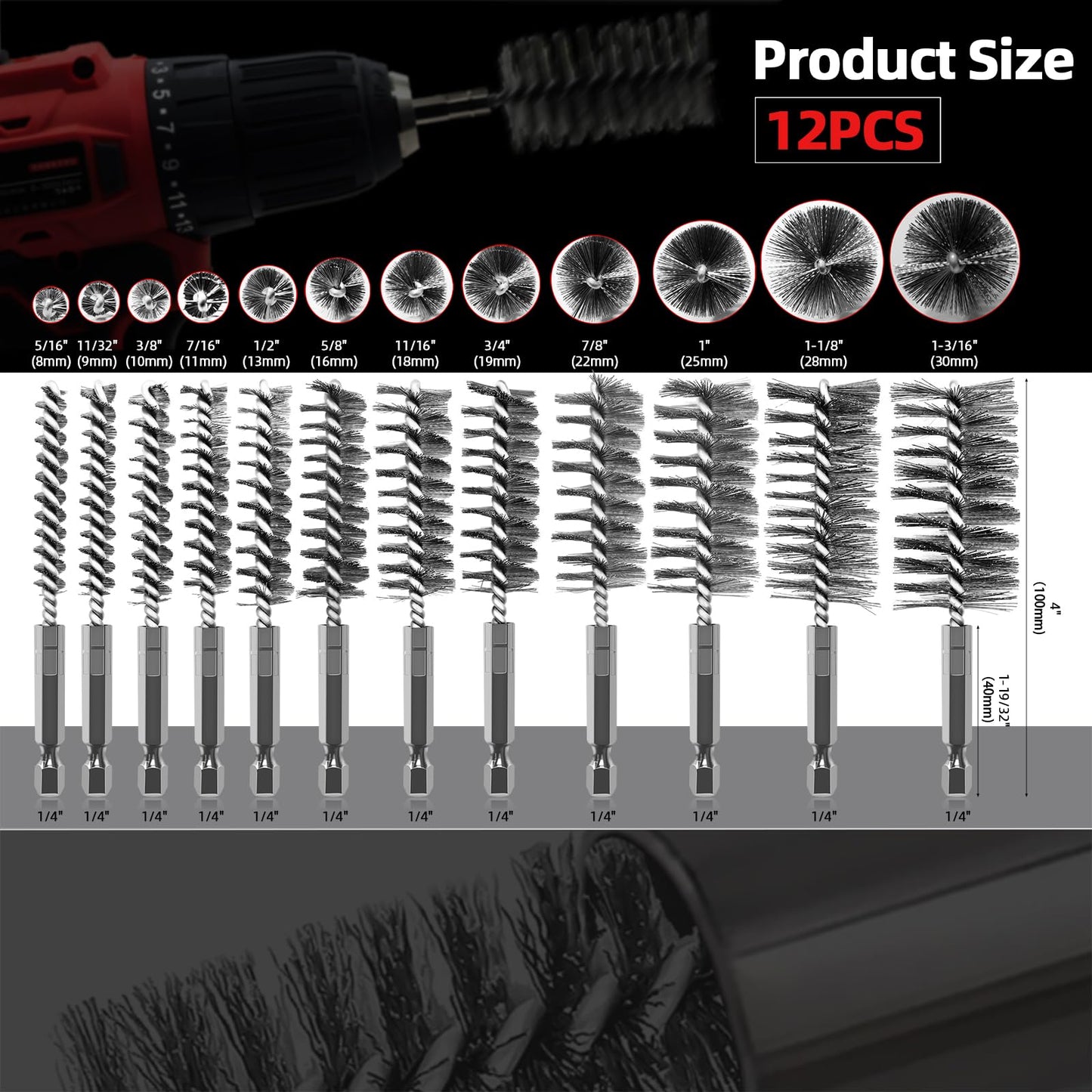 ASNOMY 12Pcs Wire Bore Brush for Drill,5/16"-1-3/16" Stainless Steel Wire Brush Bore Cleaning Brush Set for Power Drill Cleaning,Abrasive Drill Wire Brush with 1/4" Hex Shank