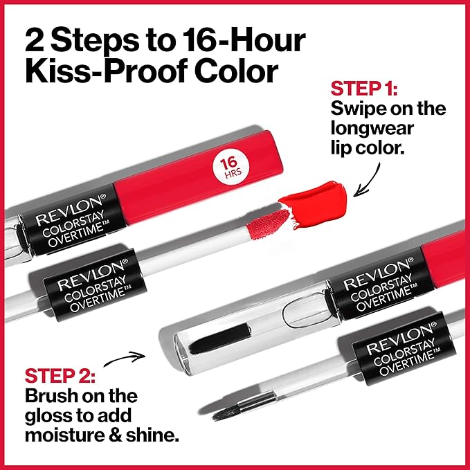 Revlon Liquid Lipstick with Clear Lip Gloss, ColorStay Overtime Lipcolor, Stocking Stuffer for Women, 480 Unending Red, 0.07 fl oz