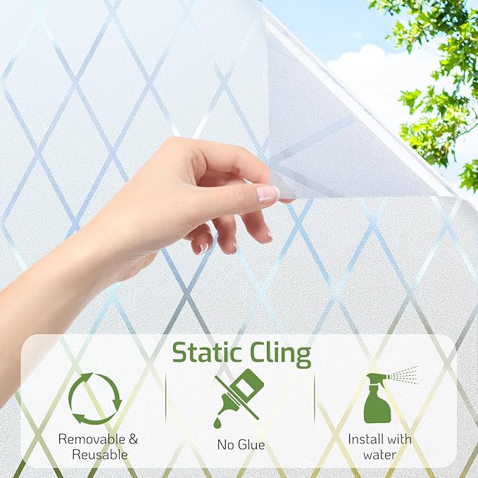 LUTE Frosted Window Privacy Film, Static Cling UV Sun Blocking Heat Control Window Cover, Removable Non-Adhesive Glass Sticker Vinyl Decorative Frosting Decals for Home Office, Lattice, 17.5" x 157.4"